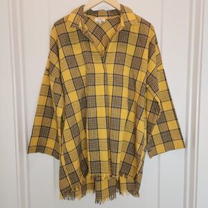 Umgee Tunic Top Large‎ Yellow Blue Plaid Raw Frayed Hem Boho Grunge 90s Western